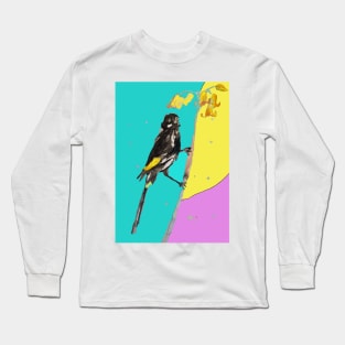 Australian Honeyeater Bird Painting - New Holland on Aqua and Yellow Long Sleeve T-Shirt